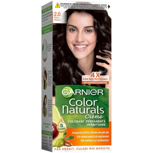 Garnier Color Naturals Vopsea de Par Permanenta, Formula cu 3 Uleiuri Nutritive, Textura Crema, Nuanta 2/0 Negru Abanos