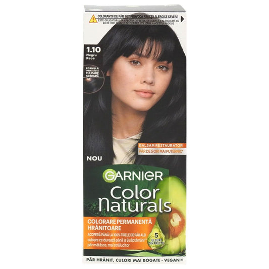 Garnier Color Naturals Vopsea de Par Permanenta, Formula cu 3 Uleiuri Nutritive, Acoperire 100% Fire Albe, Nuanta 1.1 Negru Rece