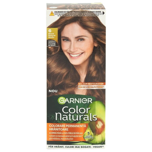 Garnier Color Naturals Vopsea de Par Permanenta, Formula cu 3 Uleiuri Nutritive, Acoperire 100% Fire Albe, Nuanta 6 Blond Natural Mediu