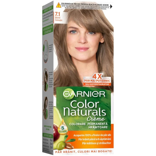 Garnier Color Naturals Vopsea de Par Permanenta, Formula cu 3 Uleiuri Nutritive, Acoperire 100% Fire Albe, Nuanta 7.1 Blond Cenusiu