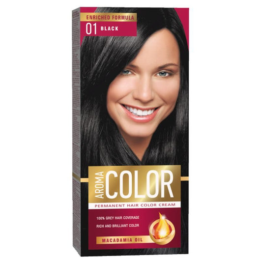 Aroma Color Vopsea de Păr Permanentă, Acoperire 100% Fire Albe, Complex de Nutrienți, 01 Black