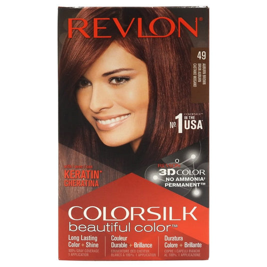 Revlon ColorSilk Vopsea de Par Permanenta fara Amoniac, Acoperire 100% Fire Albe, Tehnologie 3D Color, Keratina, 49 Auburn Brown