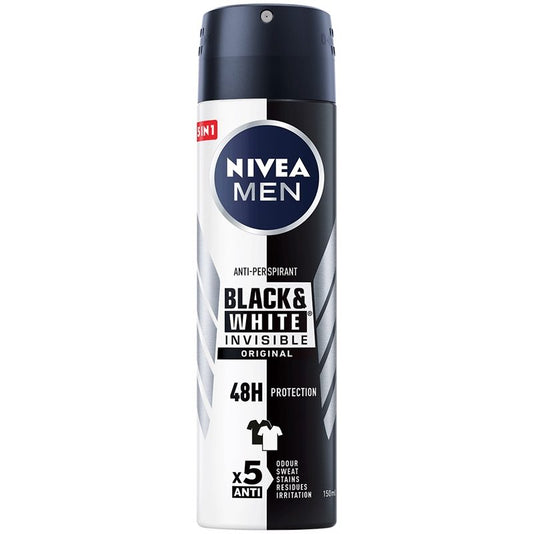 Antiperspirant Spray Nivea Black & White Invisible Original, Protectie Pete Albe si Galbene, 150 ml