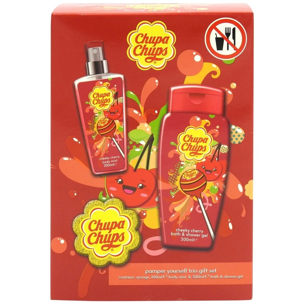 Chupa Chups Set Cadou Ingrijire Corporala, Aroma de Cirese, Include Gel de Dus 300 ml, Spray de Corp 100 ml si Burete de Baie, 3 Piese