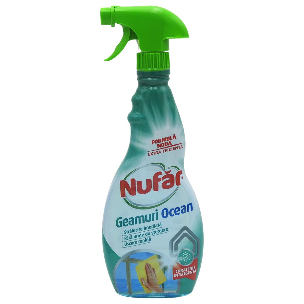 Nufar Solutie Spray Pentru Geamuri, Formula Fara Urme, Curatare Rapida, Parfum Ocean, 500 ml