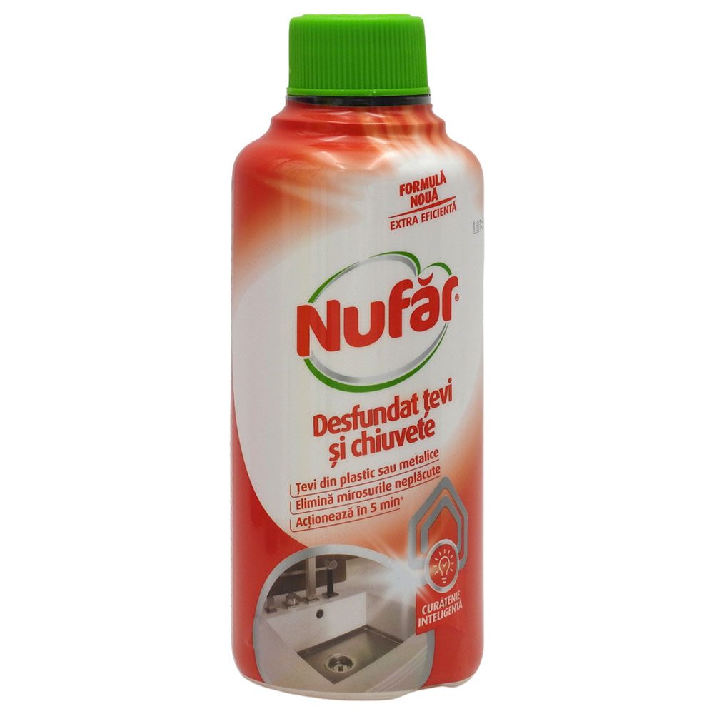 Nufar Solutie pentru Desfundat Tevi si Chiuvete, Formula Puternica pentru Grasime si Resturi, Format Lichid, 375 ml