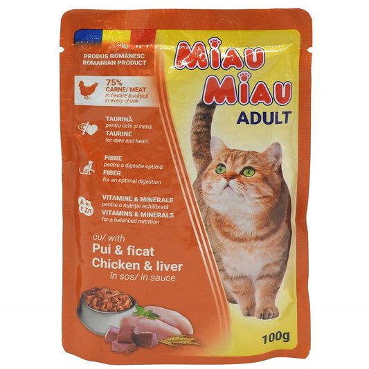 Miau Miau Hrana Umeda pentru Pisici Adulte, Bucatele de Pui si Ficat in Sos, Digestie Optima, Plic 100 g