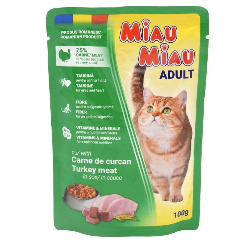 Miau Miau Hrana Umeda pentru Pisici Adulte, Curcan in Sos Delicios, Plic 100 g