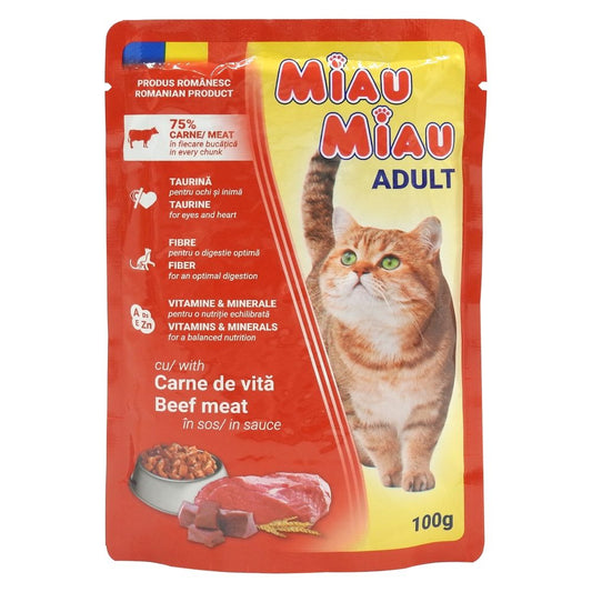Miau Miau Hrana Umeda pentru Pisici Adulte, Bucatele de Vita in Sos, Digestie Optima, Plic 100 g