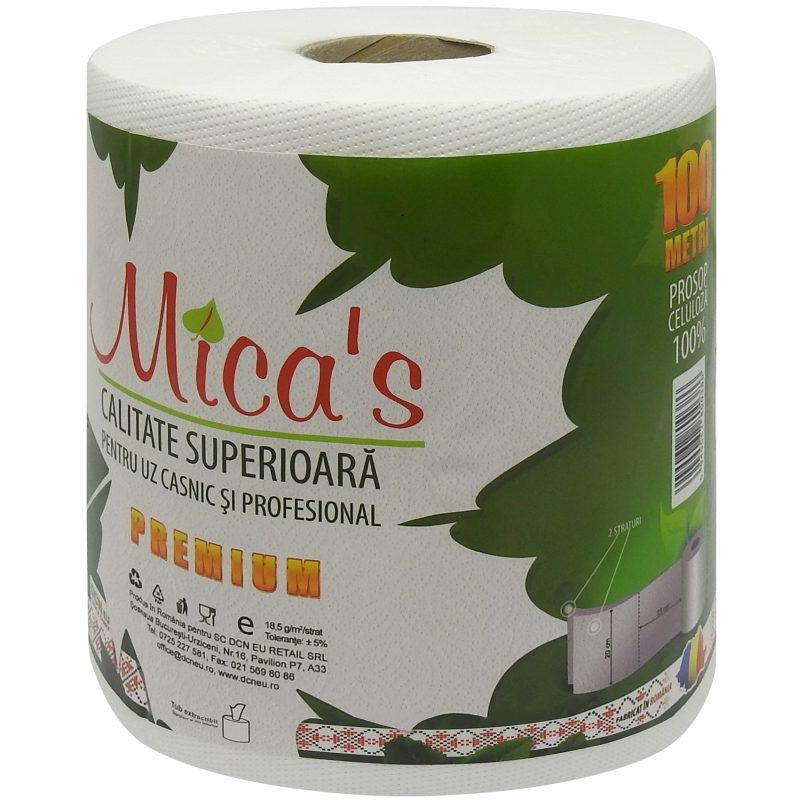 MICAS Prosop de Bucatarie, Rola de Hartie Absorbanta, 2 Straturi, Celuloza Pura, Alb, 100 m, 1 Bucata