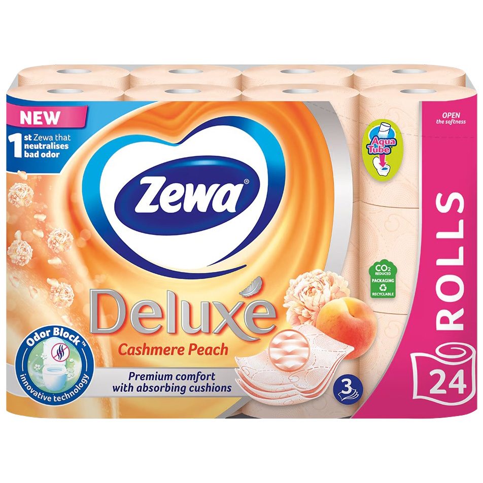 Zewa Deluxe Cashmere Peach, Hartie Igienica Parfumată, 3 Straturi, Celuloză Pură, Aroma Piersică, Set 24 Role