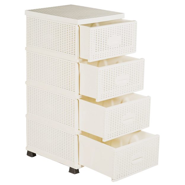 Dulap, Organizator Cu 4 Sertare, Tip Dulap Pentru Depozitare Cu Aspect Ratan, Plastic Rezistent, Crem/Gri, 1 Bucata