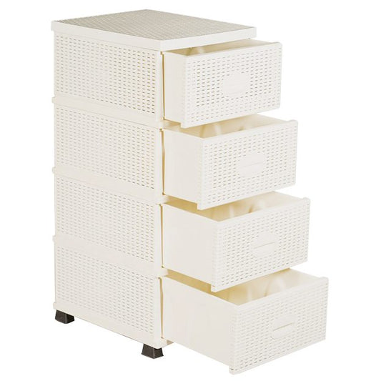 Dulap, Organizator Cu 4 Sertare, Tip Dulap Pentru Depozitare Cu Aspect Ratan, Plastic Rezistent, Crem/Gri, 1 Bucata