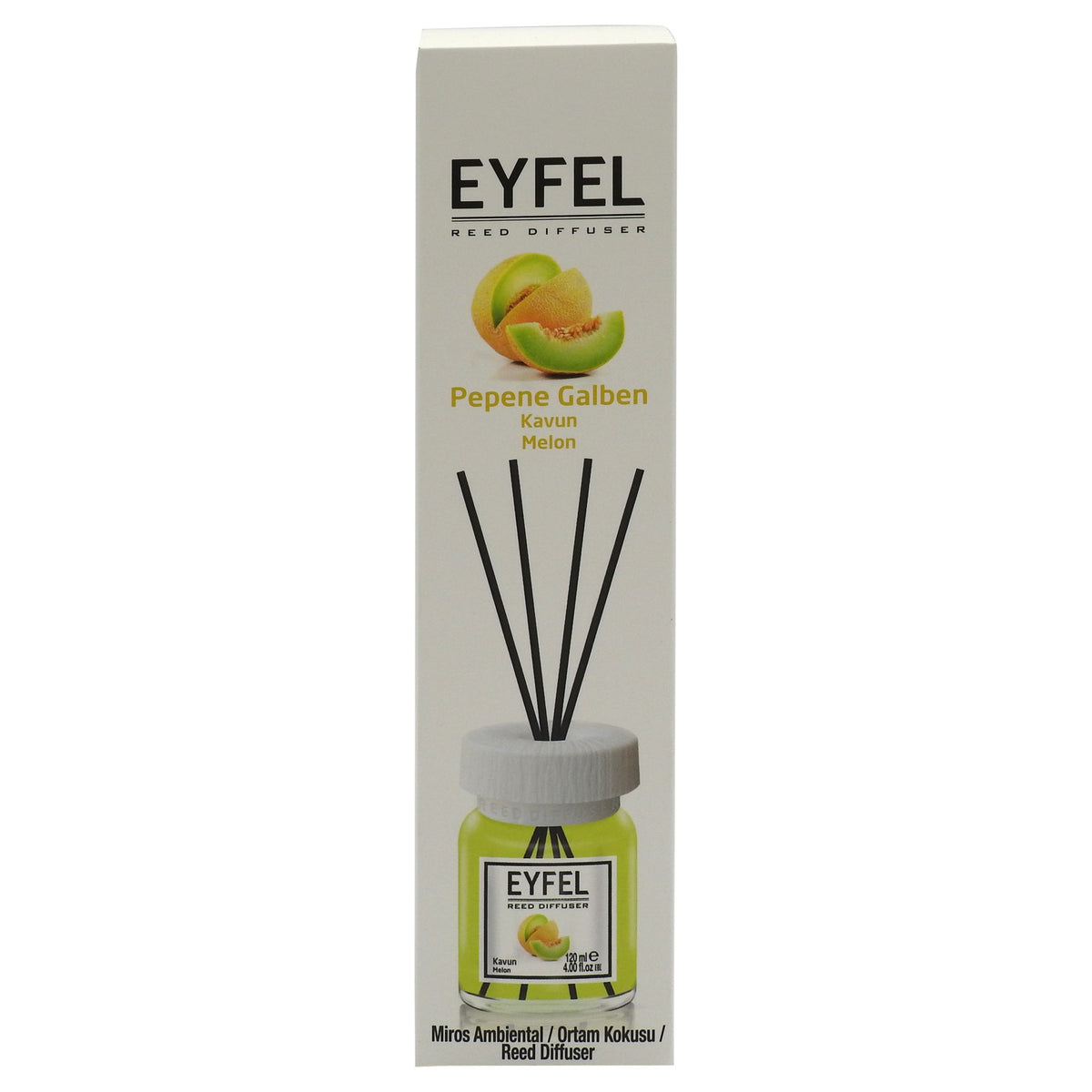 Eyfel Odorizant Camera cu Betisoare Parfumate, Difuzor de Parfum cu Aroma de Pepene Galben, Set Flacon cu 4 Betisoare, 120 ml