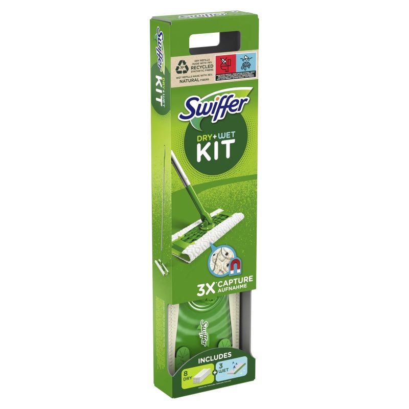 Set Kit Mop Swiffer Pentru Curățare Pardoseli, Sistem Complet Cu 8 Rezerve Uscate Și 3 Lavete Umede, Aromă Fresh, 12 Piese per Pachet