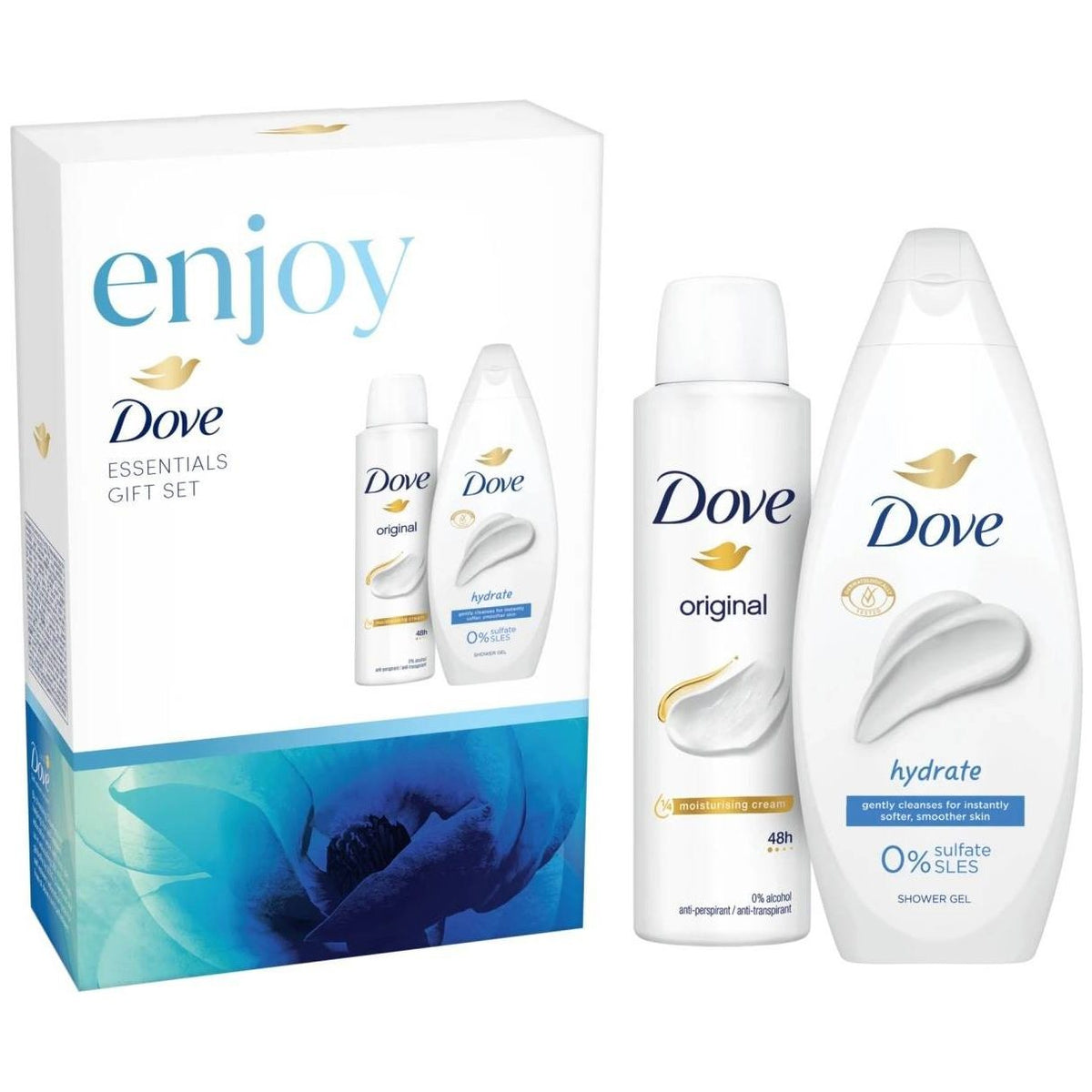 Set Cadou Dove Hydrating, Pachet Îngrijire Corp pentru Piele Normală, Gel de Duș 250 ml și Deodorant Spray 150 ml, 2 Piese