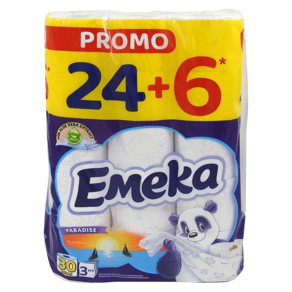 Emeka Paradise Hartie Igienica, 3 Straturi, 100% Celuloza, Parfumata, Alb, Set 30 Role (24+6 Bonus)