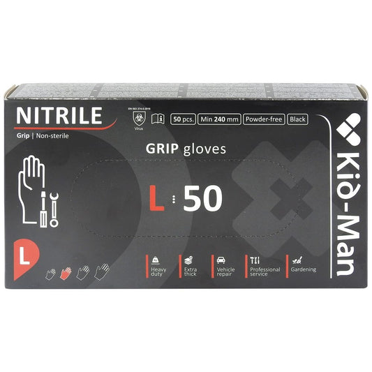 Kid-Man Manusi Nitril Grip N50 de Protectie, Nepudrate, Texturate, Rezistente, Negru, Marime L, 50 Bucati