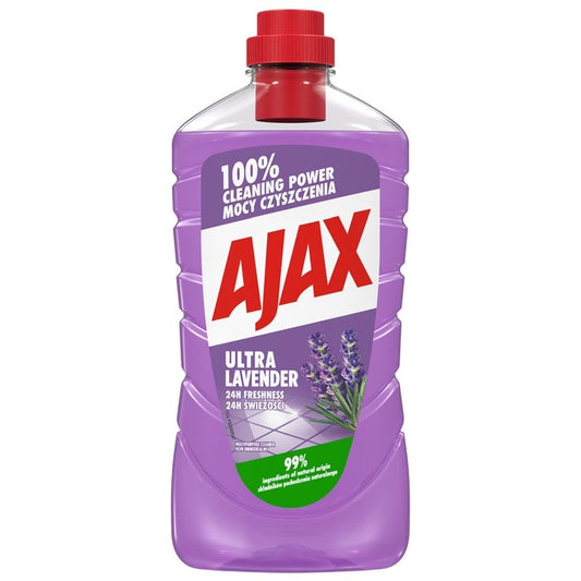 Detergent Universal Ajax, Solutie pentru Curatat Pardoseli, Igienizare si Parfum de Lungă Durată, Ultra Lavandă, Flacon 1 L
