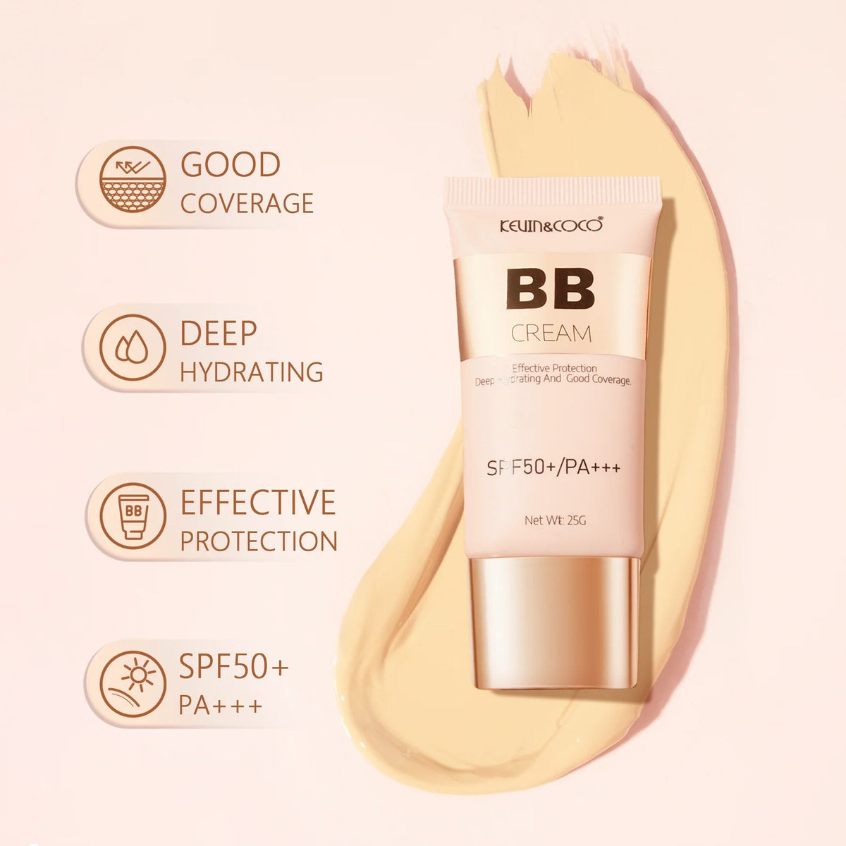 Kevin&Coco, Crema BB Radiance-Enhancing cu Acid Hialuronic si Vitamina E, Protectie Solara SPF 50+ PA+++, Efect Hidratant si Luminos, 25 g, Nuanta KC03 Medium Beige