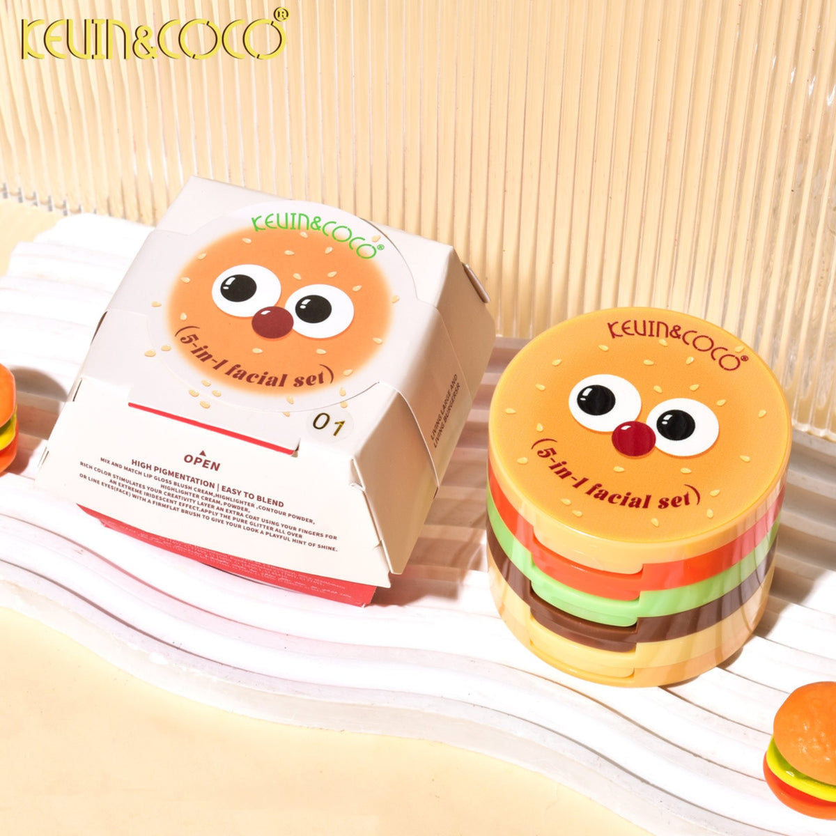 Kevin&Coco Paleta Multifunctionala de Machiaj 5 in 1, Blush, Iluminator, Contur si Pudra, Design Compact Tip Burger, 122 g, Nuanta 01
