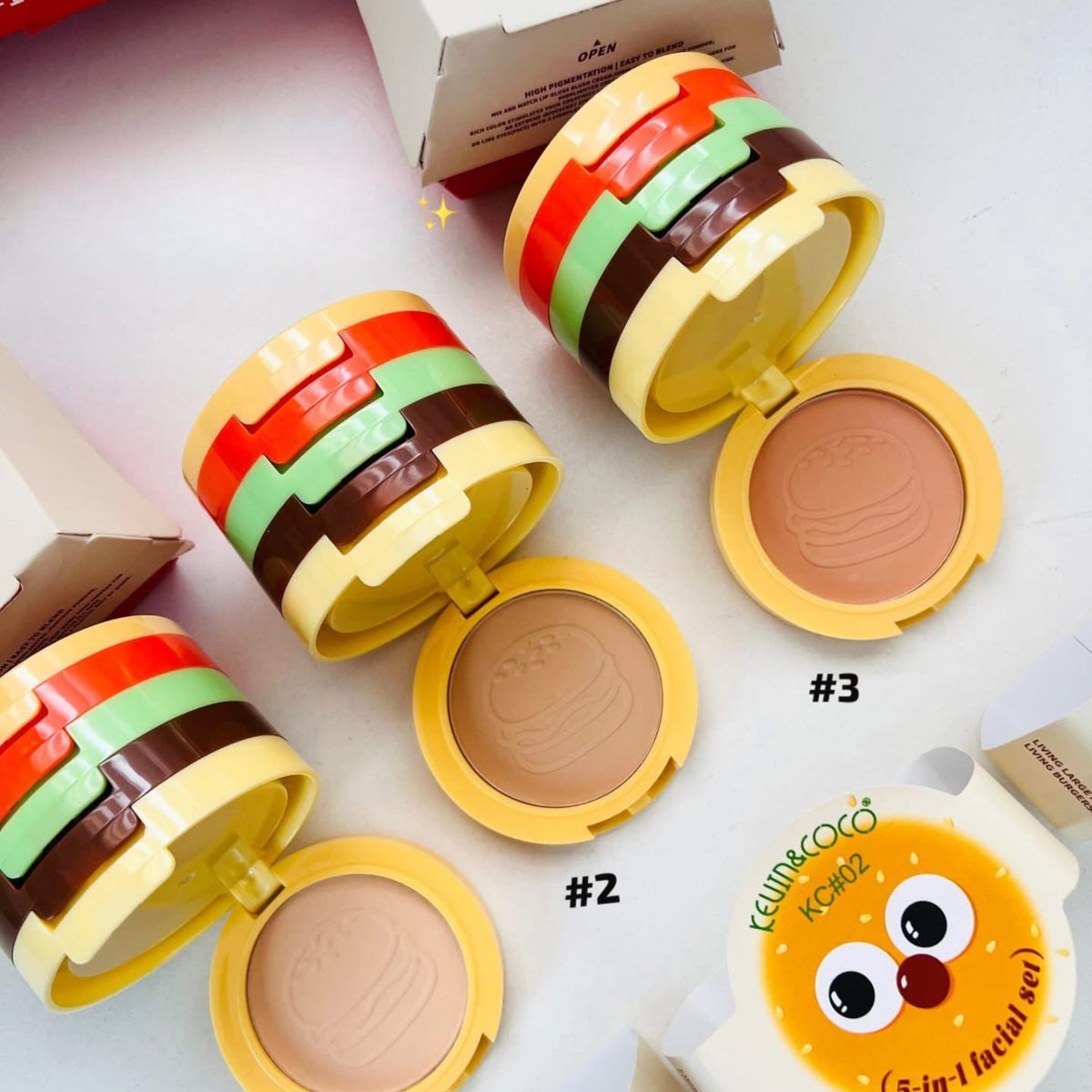 Kevin&Coco Paleta Multifunctionala de Machiaj 5 in 1, Blush, Iluminator, Contur si Pudra, Design Compact Tip Burger, 122 g, Nuanta 01