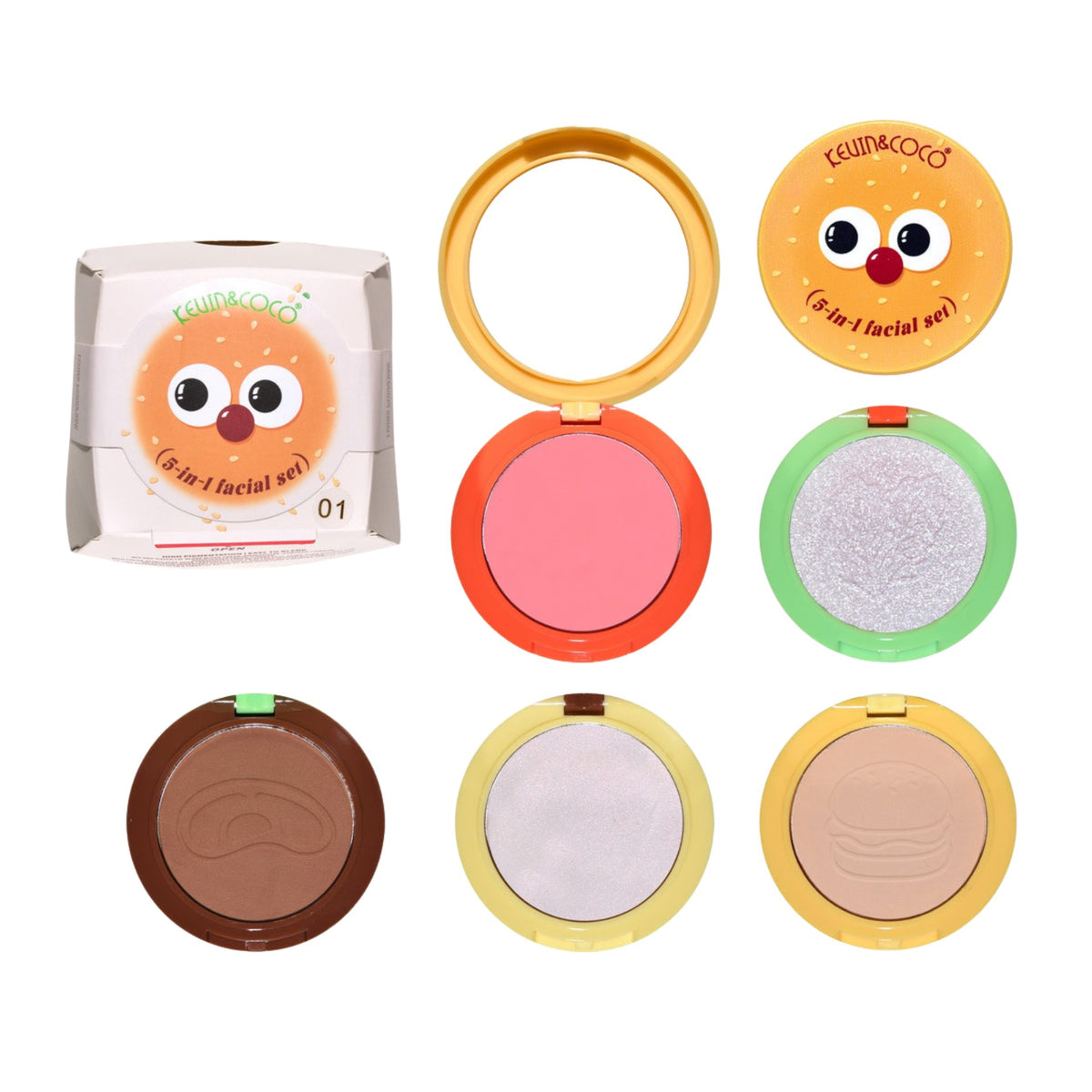 Kevin&Coco Paleta Multifunctionala de Machiaj 5 in 1, Blush, Iluminator, Contur si Pudra, Design Compact Tip Burger, 122 g, Nuanta 01