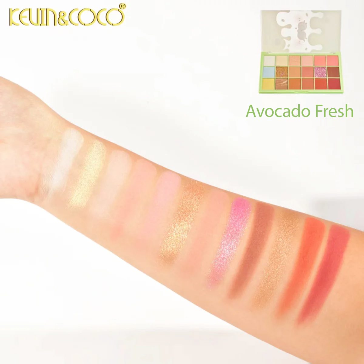 Kevin&Coco Paleta Farduri de Pleoape, Machiaj Profesional Avocado Fresh, Textura Pudra Mate si Sidefate, 18 Nuante, Multicolor, 35 g