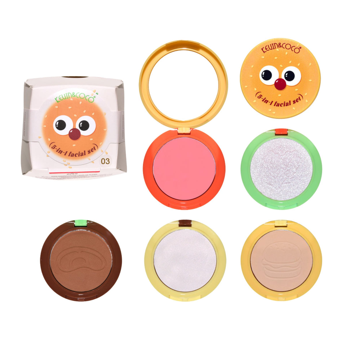 Kevin&Coco Paleta Machiaj Multifunctionala 5 in 1, Blush, Iluminator, Contur si Pudra, Design Compact Tip Burger, 122 g, Nuanta 03