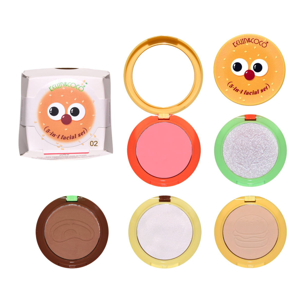 Kevin&Coco Paleta Multifunctionala de Machiaj 5 in 1, Set Blush, Iluminator, Contur si Pudra, Design Compact Tip Burger, 122 g, Nuanta 02