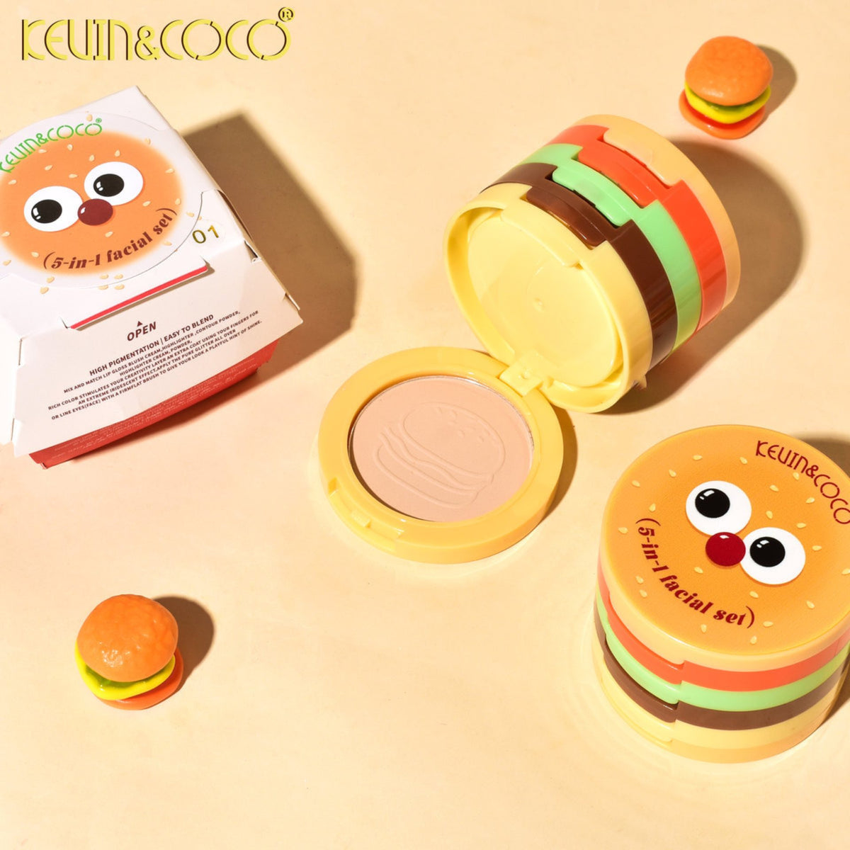 Kevin&Coco Paleta Multifunctionala de Machiaj 5 in 1, Set Blush, Iluminator, Contur si Pudra, Design Compact Tip Burger, 122 g, Nuanta 02