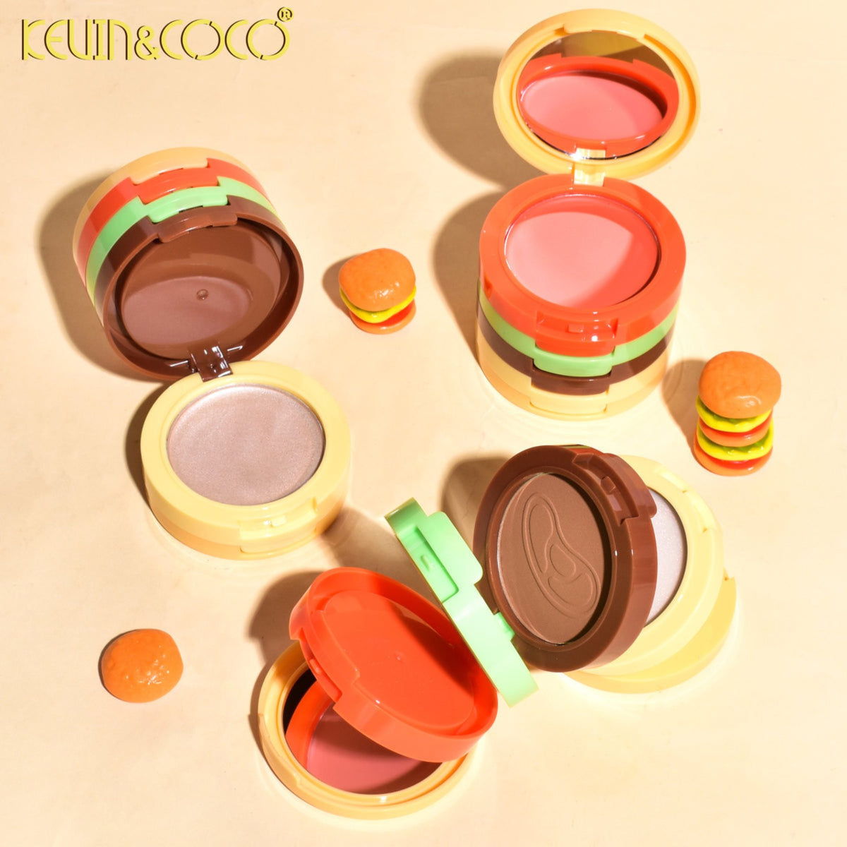 Kevin&Coco Paleta Multifunctionala de Machiaj 5 in 1, Set Blush, Iluminator, Contur si Pudra, Design Compact Tip Burger, 122 g, Nuanta 02