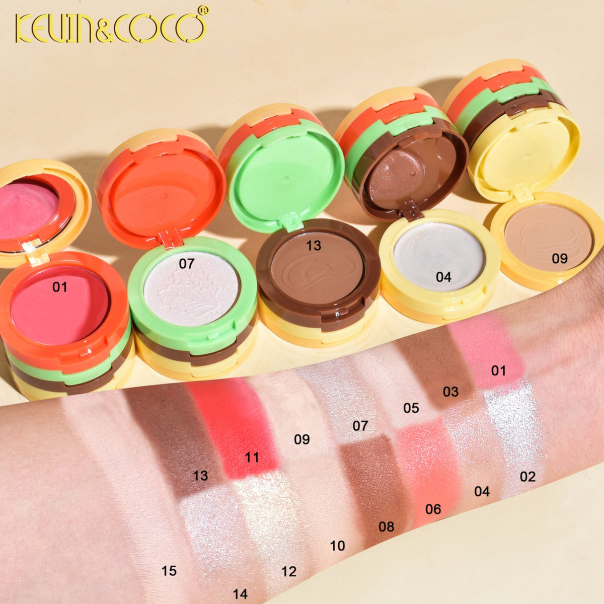 Kevin&Coco Paleta Multifunctionala de Machiaj 5 in 1, Set Blush, Iluminator, Contur si Pudra, Design Compact Tip Burger, 122 g, Nuanta 02