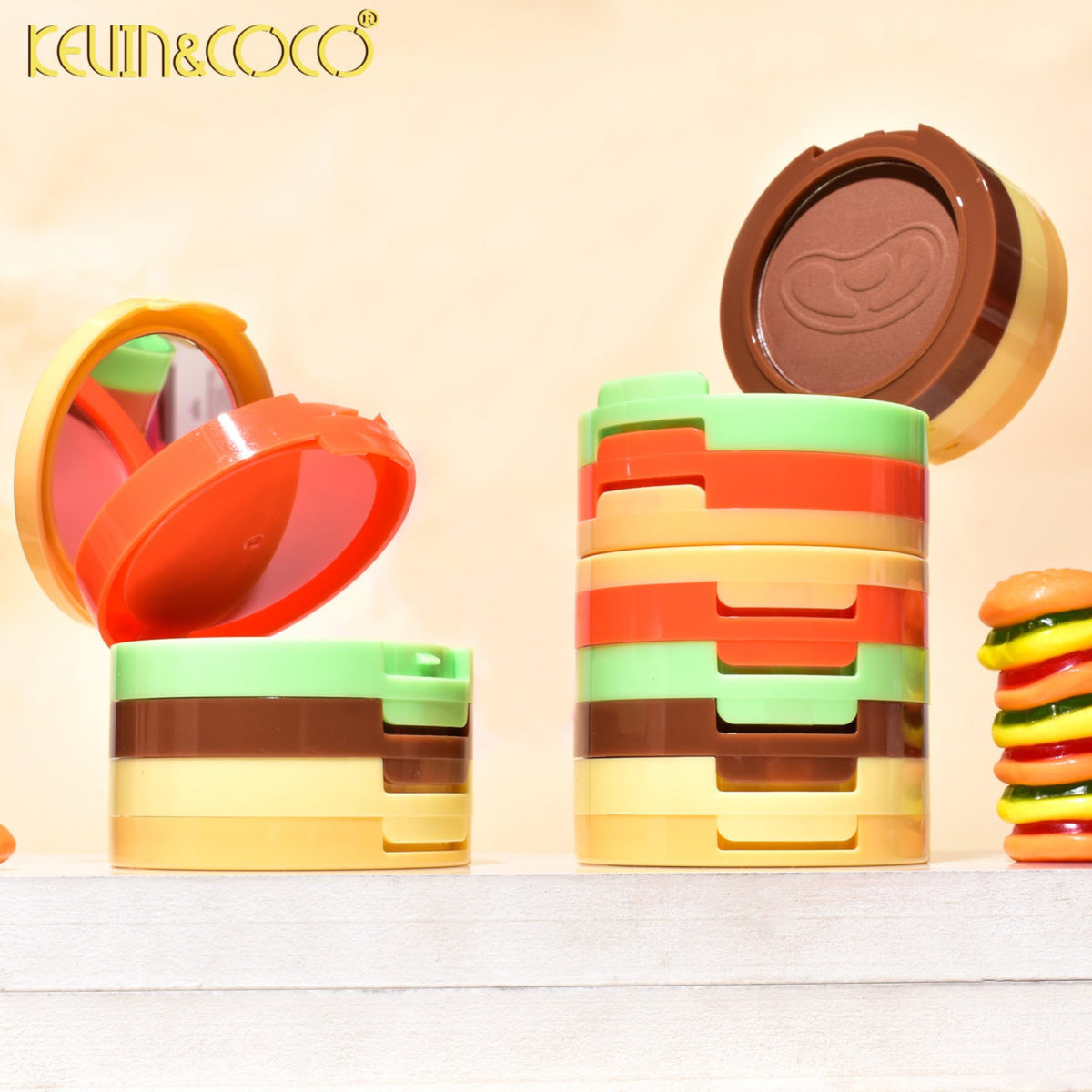 Kevin&Coco Paleta Multifunctionala de Machiaj 5 in 1, Set Blush, Iluminator, Contur si Pudra, Design Compact Tip Burger, 122 g, Nuanta 02