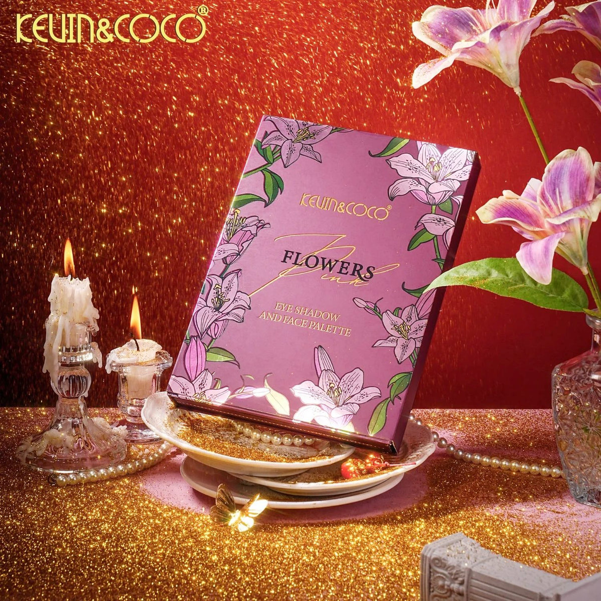 Kevin&Coco, Paleta de Machiaj All-in-One, Model Flowers cu 82 Nuante de Farduri, Blush si Iluminatoare, Design Tip Carte, Multicolor, 16.3x22.4x2.5 cm