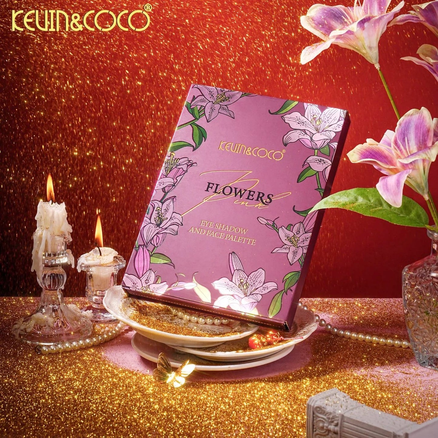 Kevin&Coco, Paleta de Machiaj All-in-One, Model Flowers cu 82 Nuante de Farduri, Blush si Iluminatoare, Design Tip Carte, Multicolor, 16.3x22.4x2.5 cm