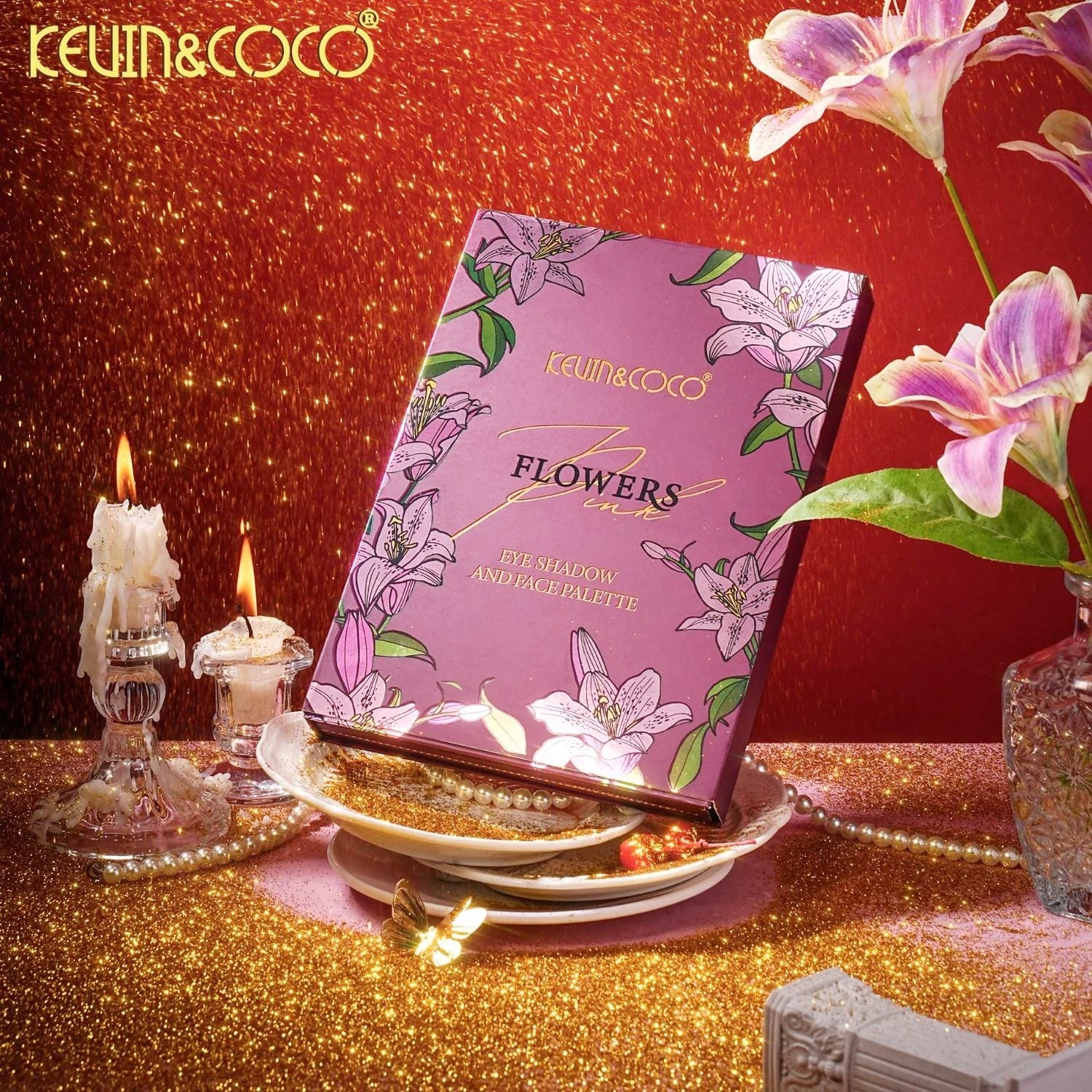 Kevin&Coco, Paleta de Machiaj All-in-One, Model Flowers cu 82 Nuante de Farduri, Blush si Iluminatoare, Design Tip Carte, Multicolor, 16.3x22.4x2.5 cm