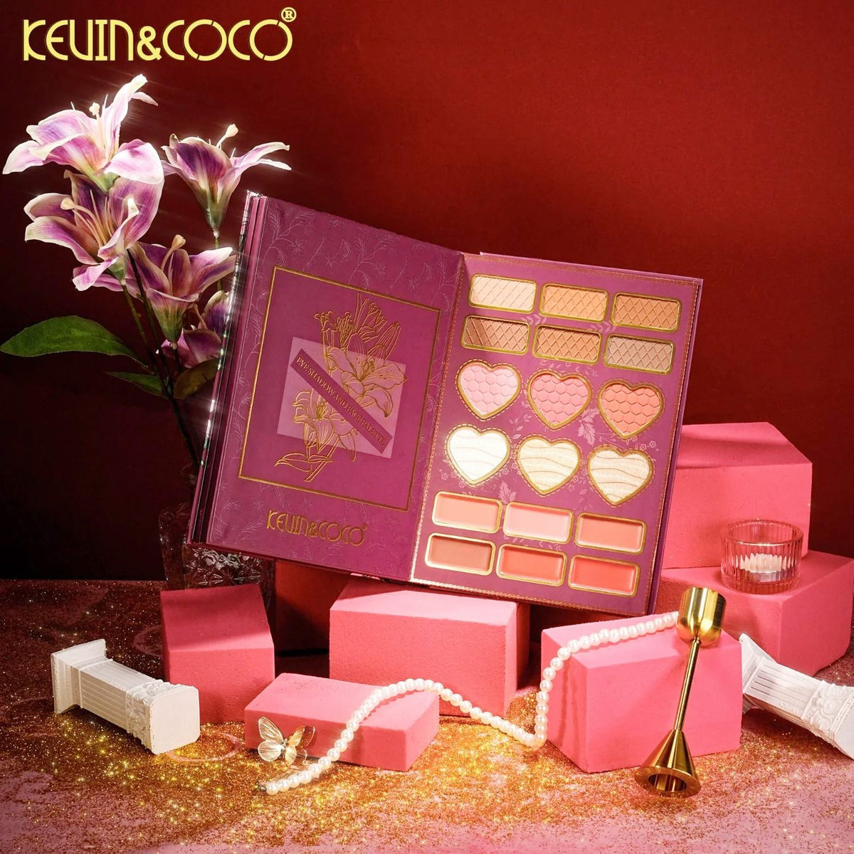 Kevin&Coco, Paleta de Machiaj All-in-One, Model Flowers cu 82 Nuante de Farduri, Blush si Iluminatoare, Design Tip Carte, Multicolor, 16.3x22.4x2.5 cm
