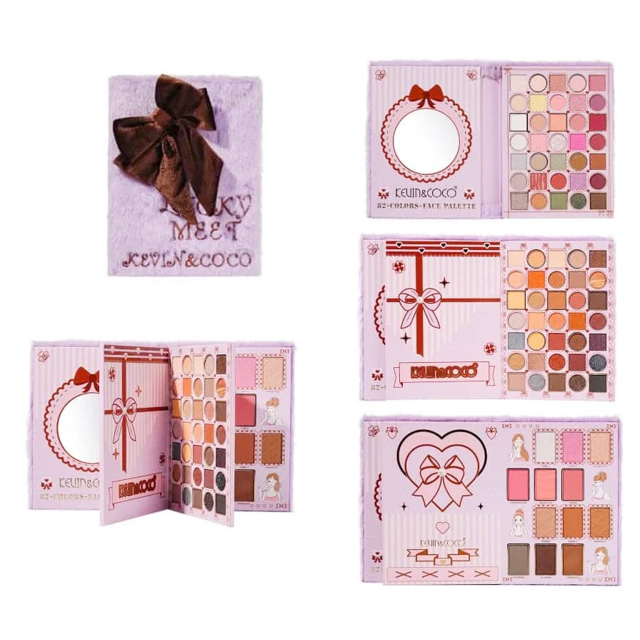 Kevin&Coco Paleta de Machiaj, Farduri de Pleoape, Blush si Iluminator, Format Carte, Purple Plush Bow, 82 Nuante, Multicolor, 22.8x17.4x4.6 cm