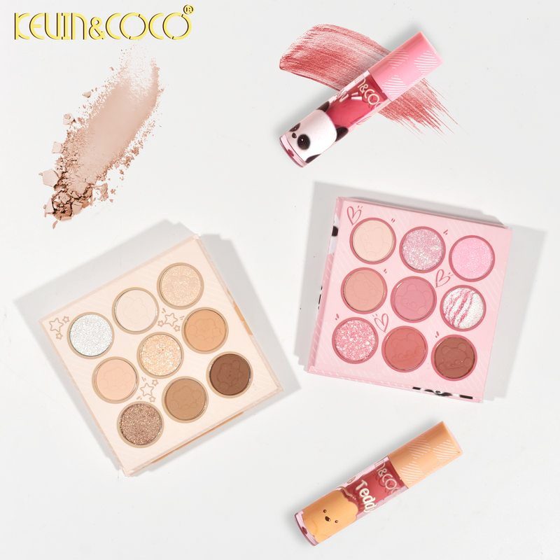 Kevin&Coco, Set Machiaj 2 in 1 cu Paleta 9 Farduri de Pleoape si Lipgloss, Textura Mat si Sidefat, Formula Hipoalergenica, Design Panda, Multicolor, 10.2x10.2x1.5 cm