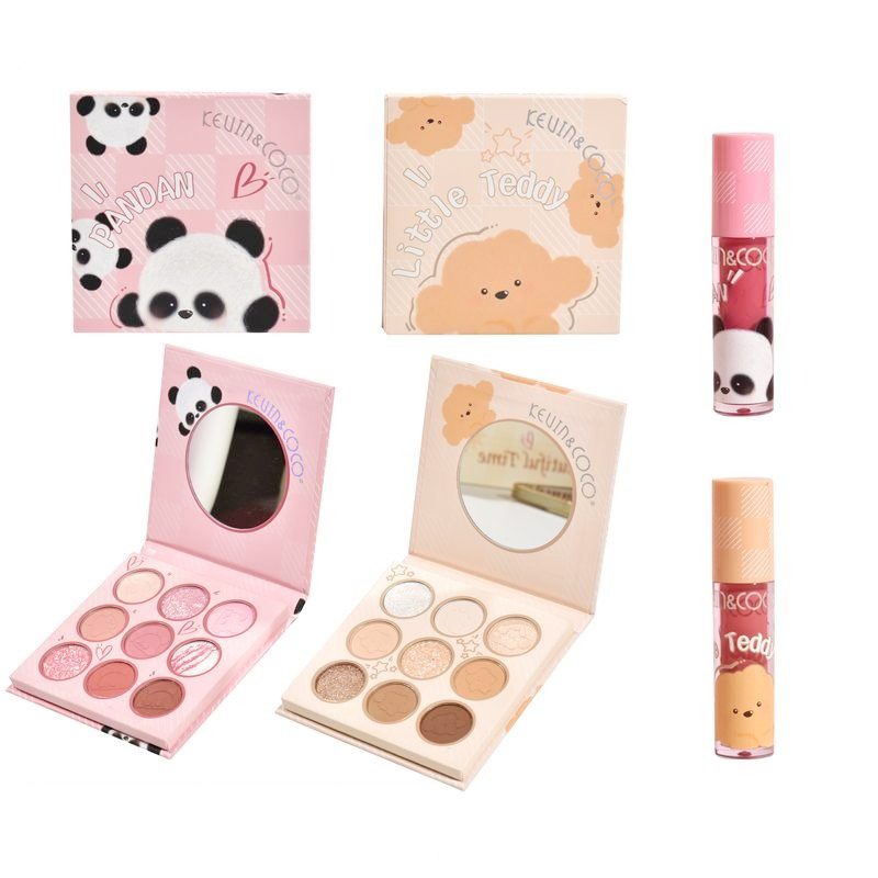 Kevin&Coco, Set Machiaj 2 in 1 cu Paleta 9 Farduri de Pleoape si Lipgloss, Textura Mat si Sidefat, Formula Hipoalergenica, Design Panda, Multicolor, 10.2x10.2x1.5 cm