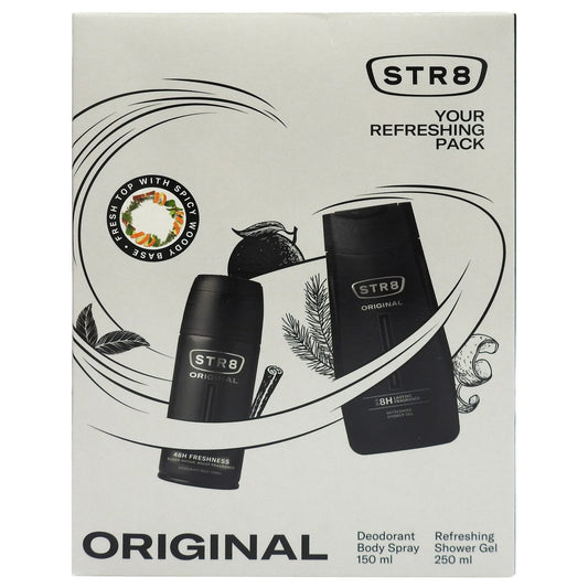 Set Cadou STR8 Original, Gel de Dus si Deodorant Spray, Extract de Mentol, 2 Piese, Gel 250 ml, Deo 150 ml