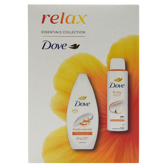 Dove Set Cadou Relax Fruity Fresh, Gel De Dus Hidratant 250 ml, Deodorant Spray 150 ml, Pachet Ingrijire Corp, 2 Piese