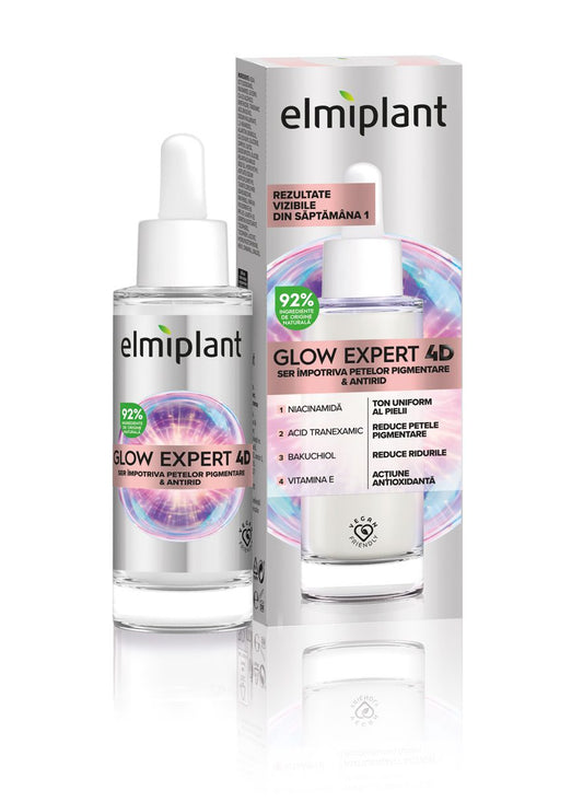 Elmiplant Ser Pentru Fata Glow Expert 4D, Tratament Antirid si Impotriva Petelor Pigmentare, cu Niacinamida si Bakuchiol, Textura Concentrata, 30 ml