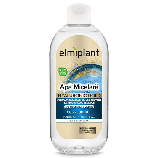 Elmiplant Apa Micelara Hyaluronic Gold, Curatare Hidratanta cu Acid Hialuronic si Aur Coloidal, Ten Sensibil si Matur, 400 ml