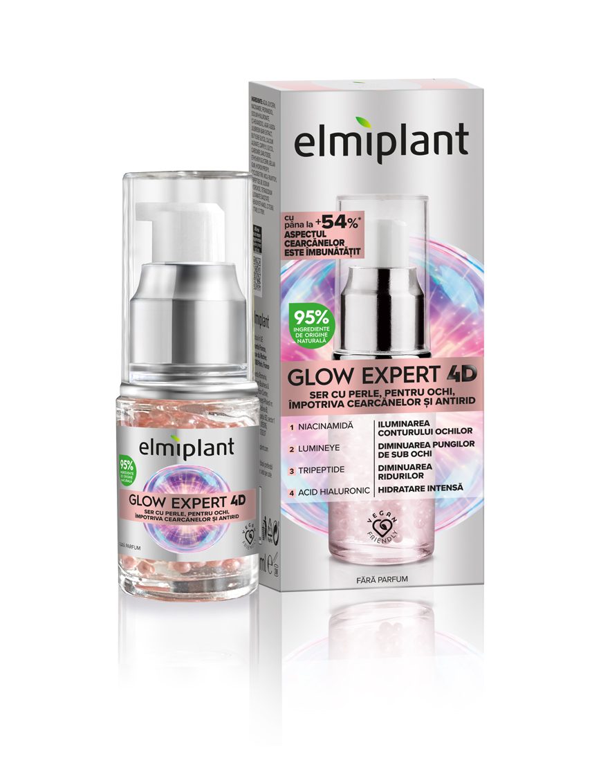 Elmiplant Ser Cu Perle Pentru Ochi Glow Expert 4D, Tratament Antirid Si Iluminator, Formula Cu Niacinamida Si Bakuchiol, Efect Anti-Pete Pigmentare, 15 ml