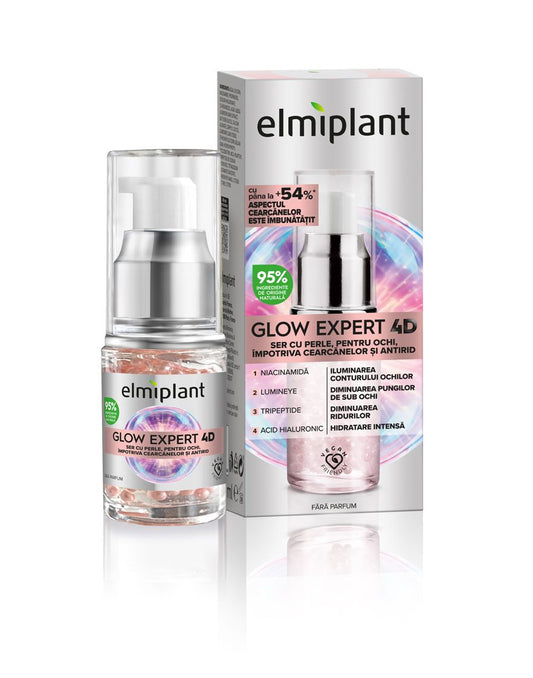 Elmiplant Ser Cu Perle Pentru Ochi Glow Expert 4D, Tratament Antirid Si Iluminator, Formula Cu Niacinamida Si Bakuchiol, Efect Anti-Pete Pigmentare, 15 ml