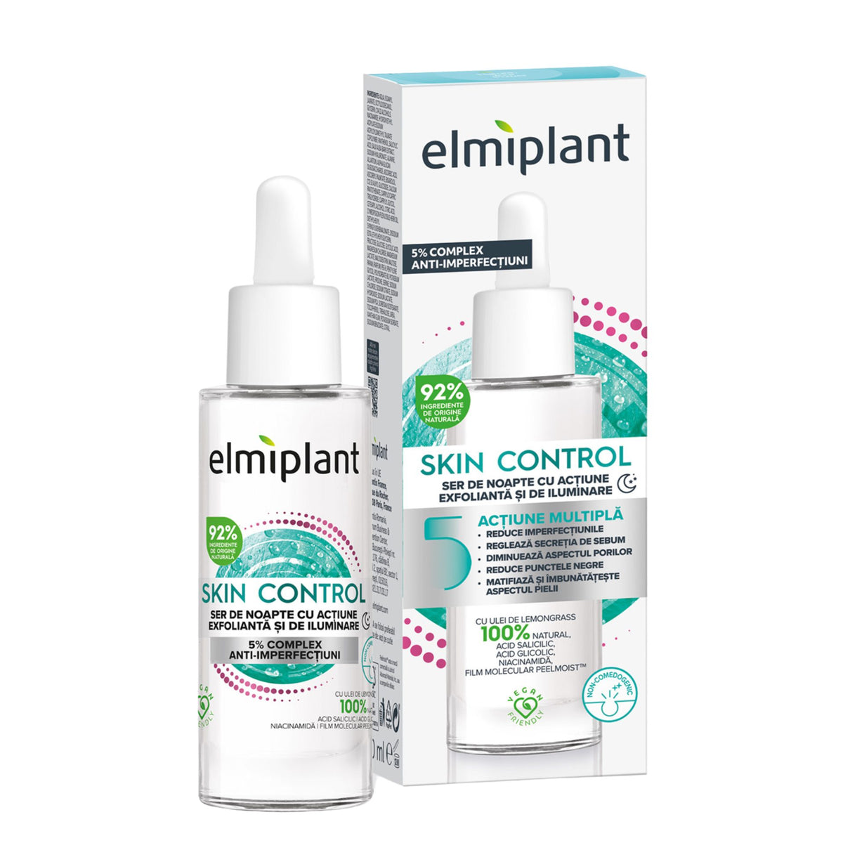 Elmiplant Skin Control, Ser de Noapte cu Efect Exfoliant și Iluminare, Formulă de Regenerare pentru Ten Radiante, 30 ml