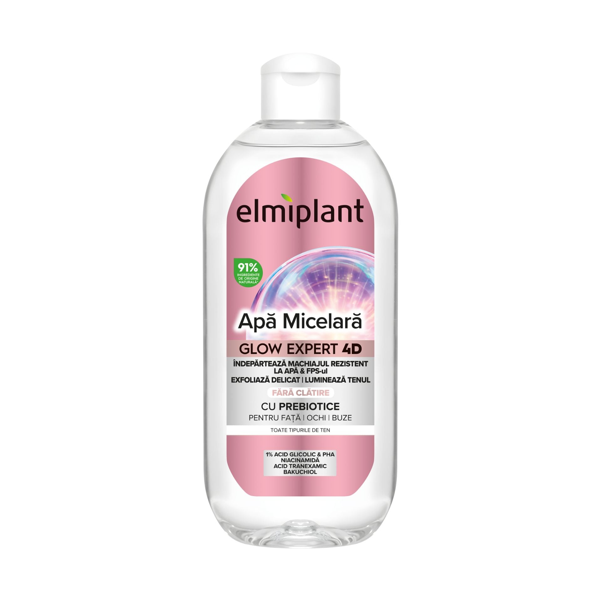 Elmiplant Apa Micelara Iluminatoare Glow Expert 4D, Curatare cu Prebiotice pentru Fata Ochi si Buze, 400 ml