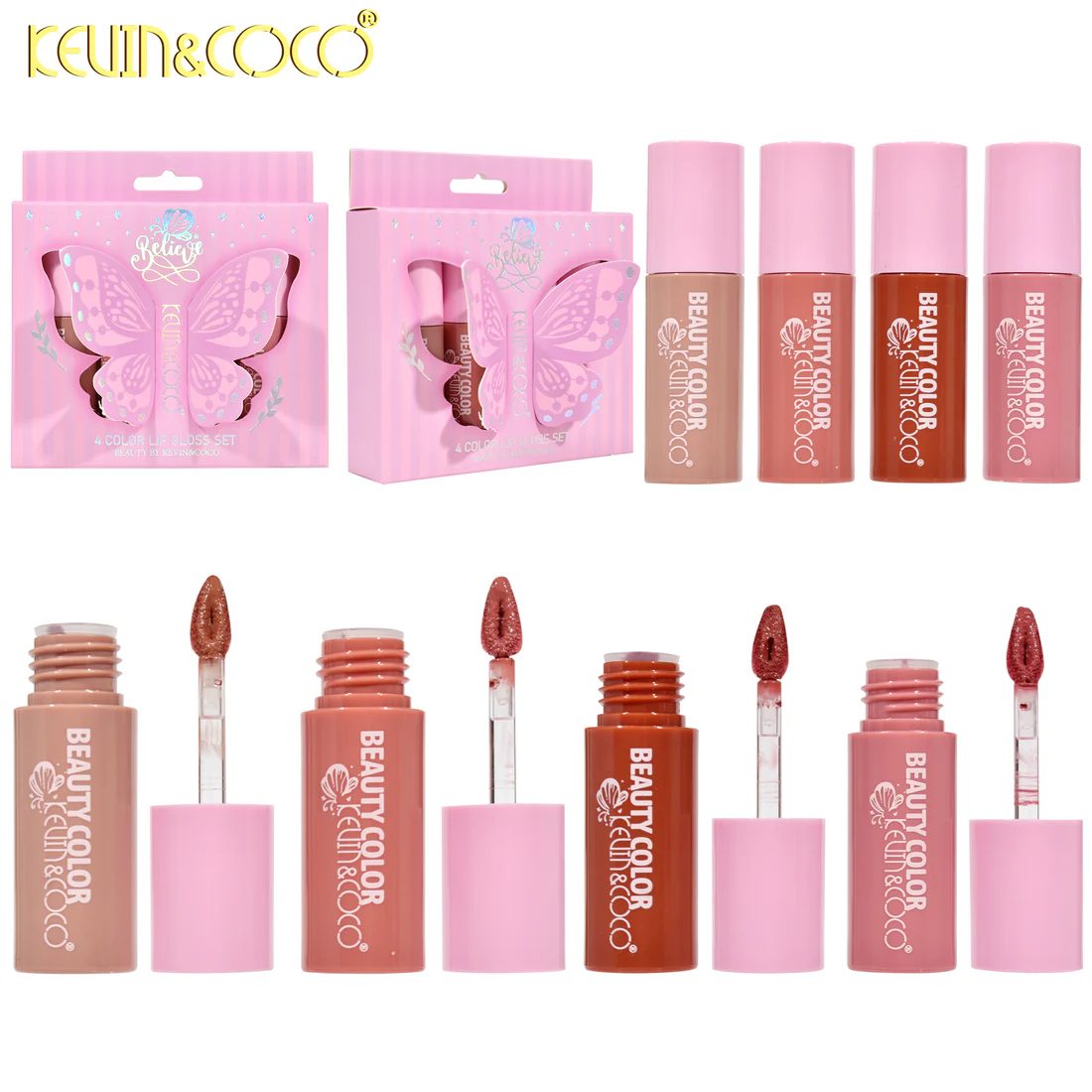 Kevin&Coco, Set Luciu de Buze, Model Believe, Stralucire si Hidratare Intensa, Textura Lichida, 4 Bucati x 2.5 ml, Multicolor